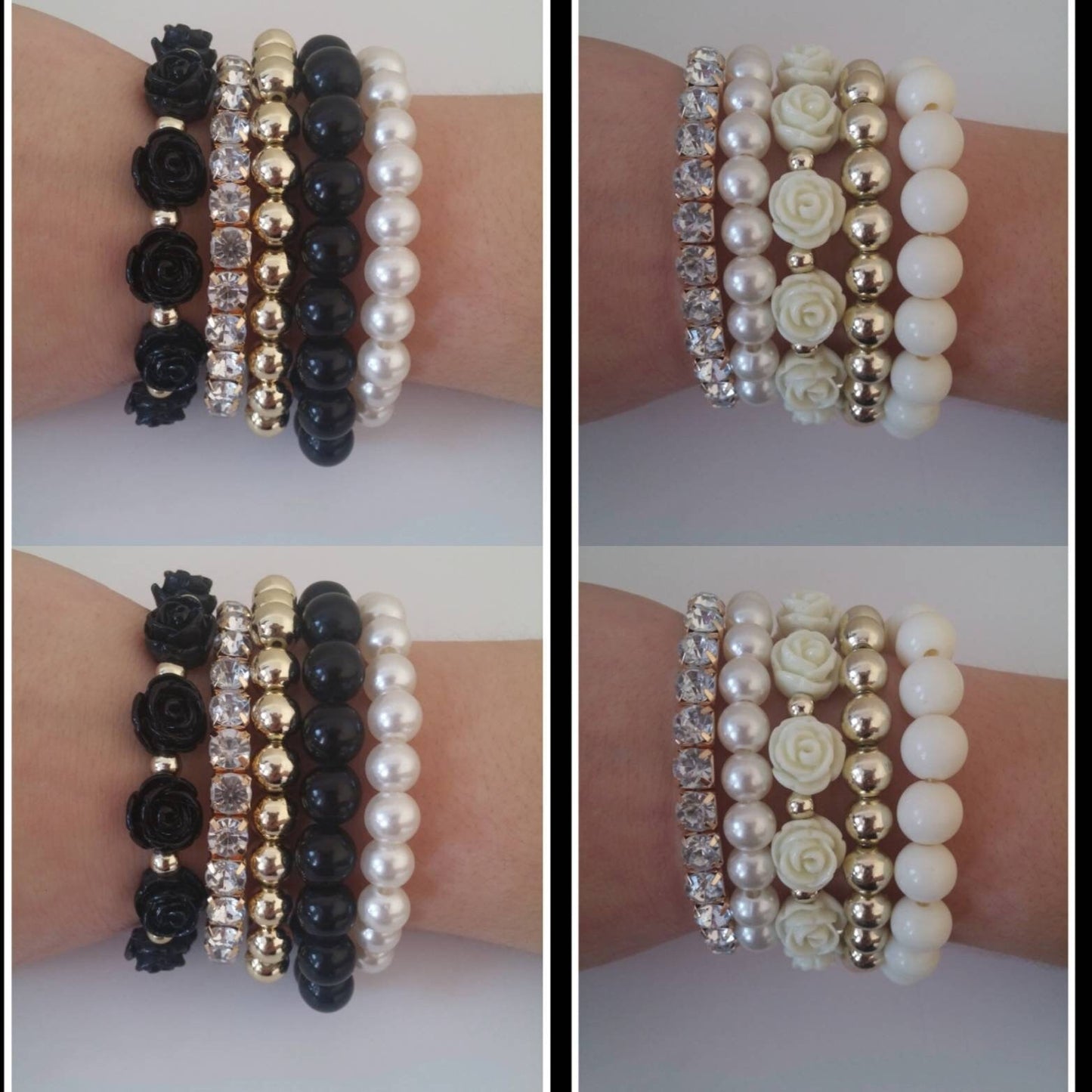 5pcs Handmade Stretch One Size Bracelet | Acrylic Charm Faux Crystal Pearl Rose Decor Beaded | Black or White