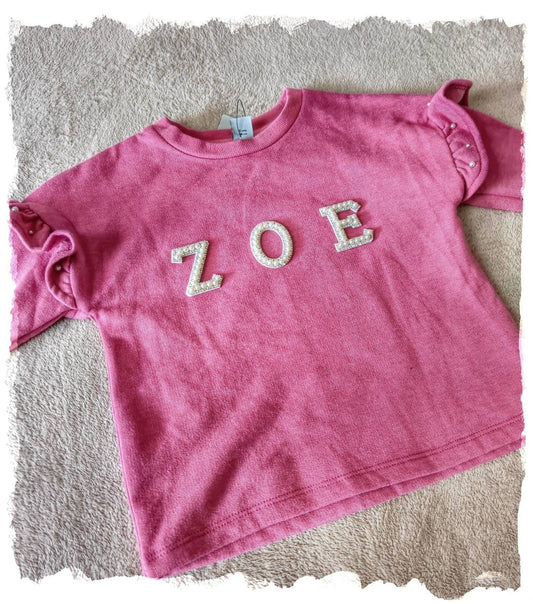 Personalised pink sweatshirt | Sew on patches |  girl clothing | pearl long sleeve | custom name gift