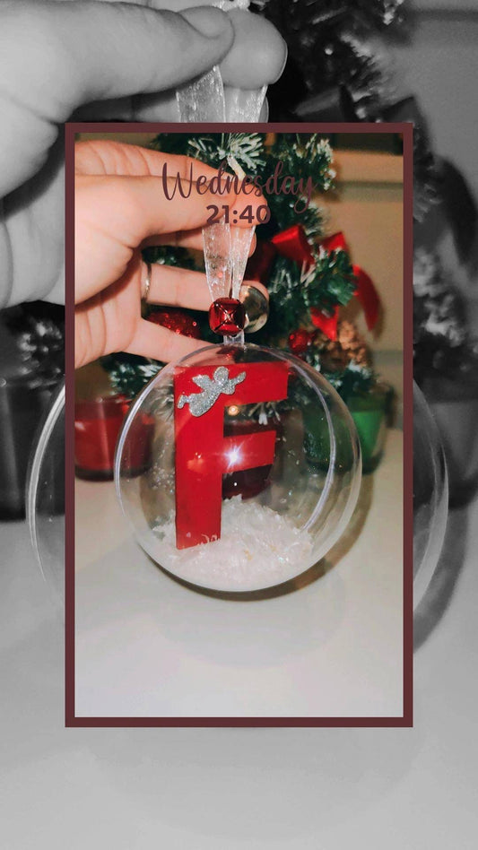 Personalised christmas tree ball 10cm custom ornament decoration letter any colour in bauble with glitter embellishment and snowflakes